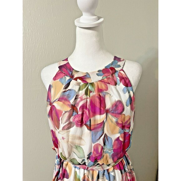 Calvin Klein Maxi Dress  8 Pink Floral Chiffon Long Fairy Cocktail Halter Tiered - Picture 4 of 16